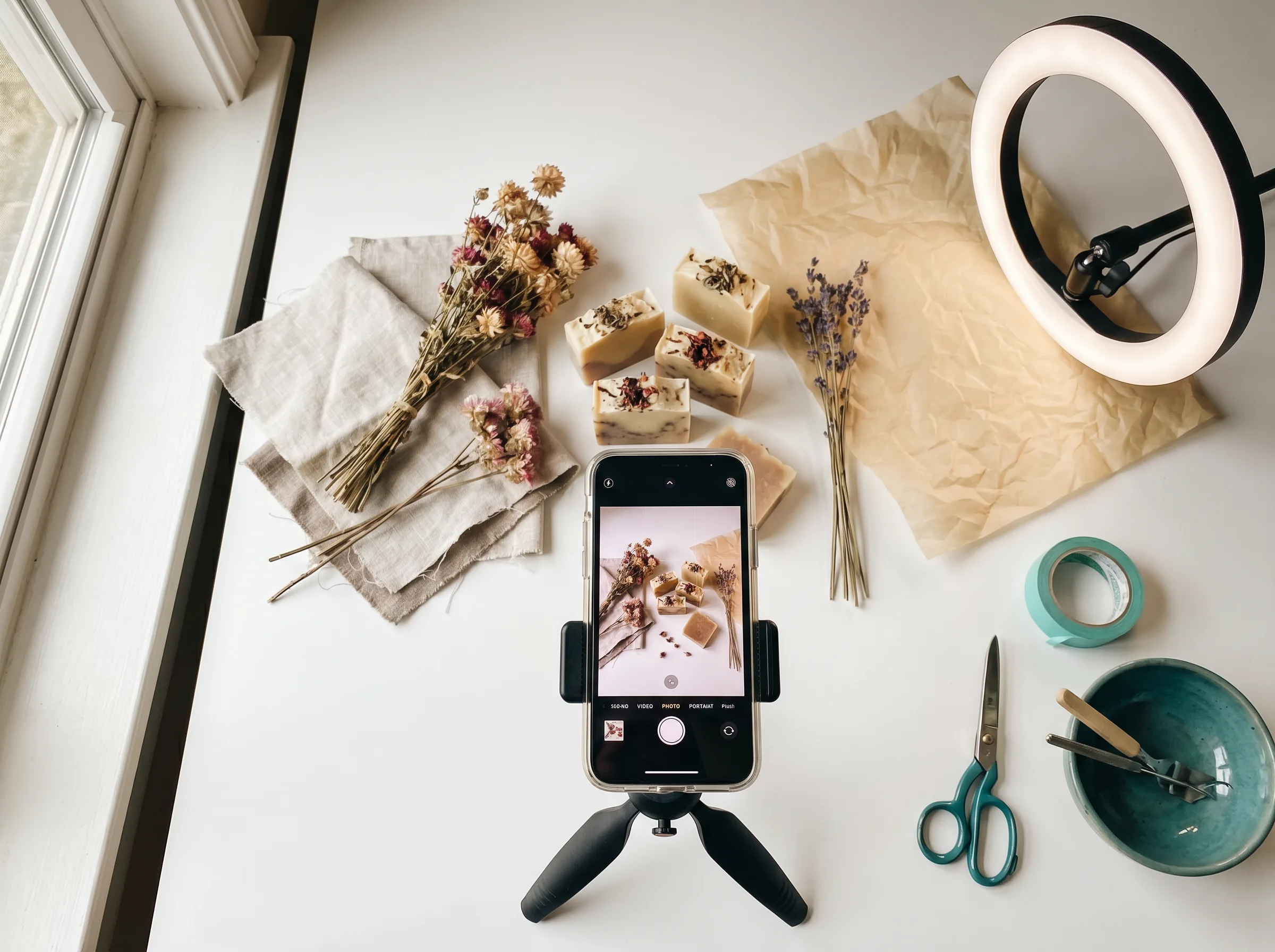 Content shoot &mdash; phone capturing flat-lay product
