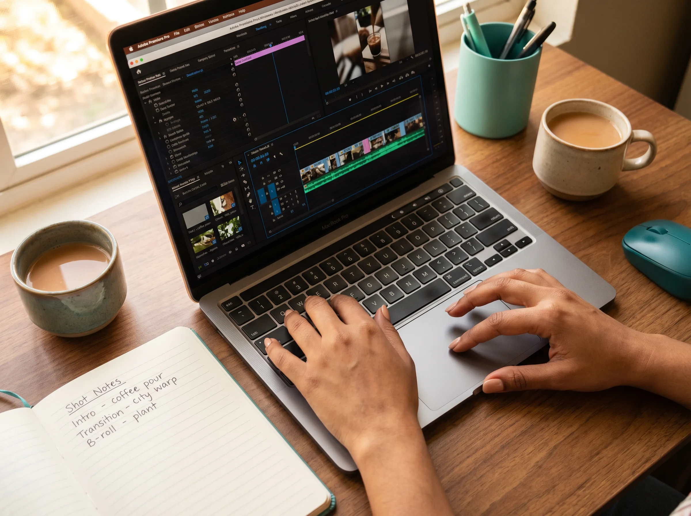Detail shot &mdash; hands editing a reel timeline on a laptop