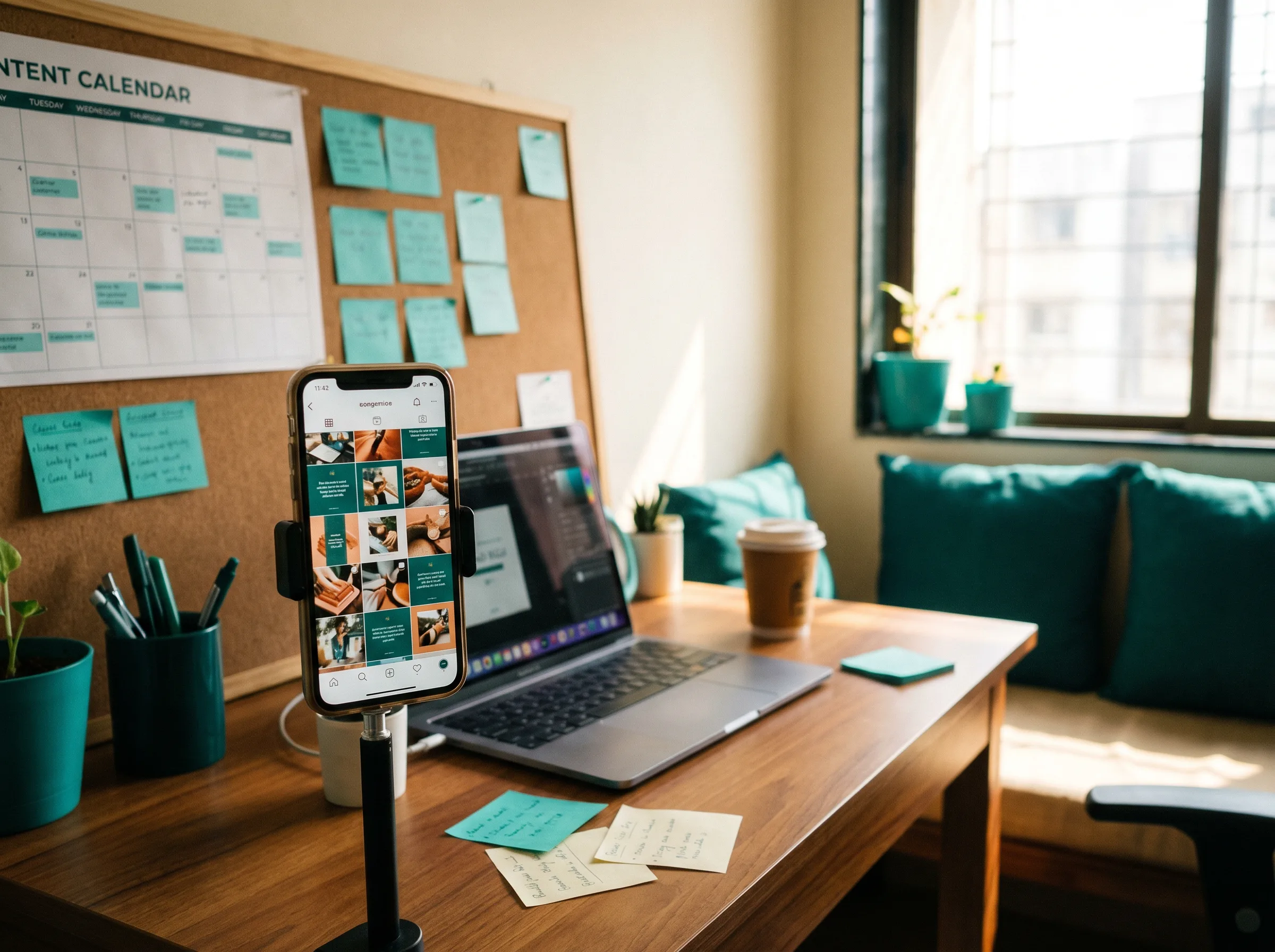 Hero image &mdash; warm, candid studio scene with a phone showing an Instagram grid in progress
