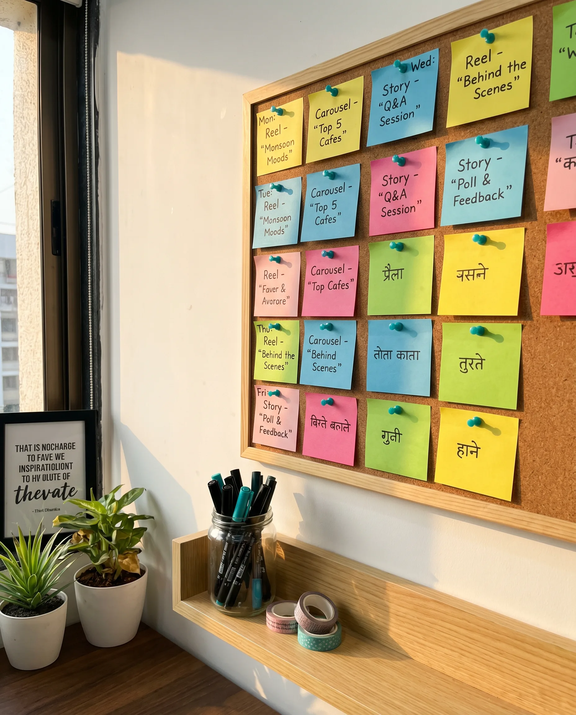 Studio scene &mdash; planning board with content calendar sticky notes